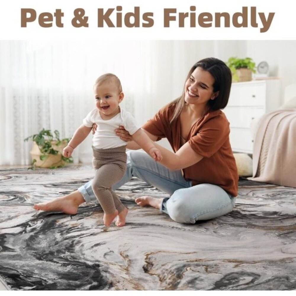 New 5x7 Black & Grey Marble Rug. Ultra-Soft, Washable, Non-Slip, Modern Carpet - Picture 7 of 7
